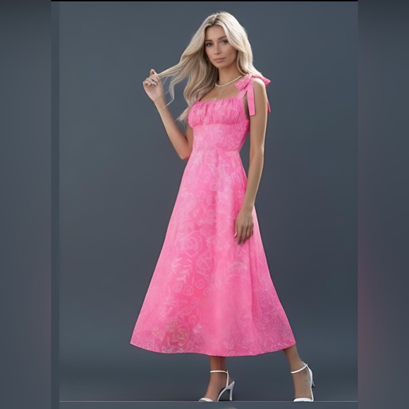 Pink Chiffon Floral Print Tie Shoulder Ruched Bust Cami Dress - Picture 4 of 8